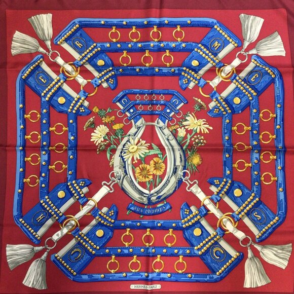 HERMES RED / BLUE MULTI AUX CHAMPS SQUARE SILK TWILL SCARF - Picture 5 of 9